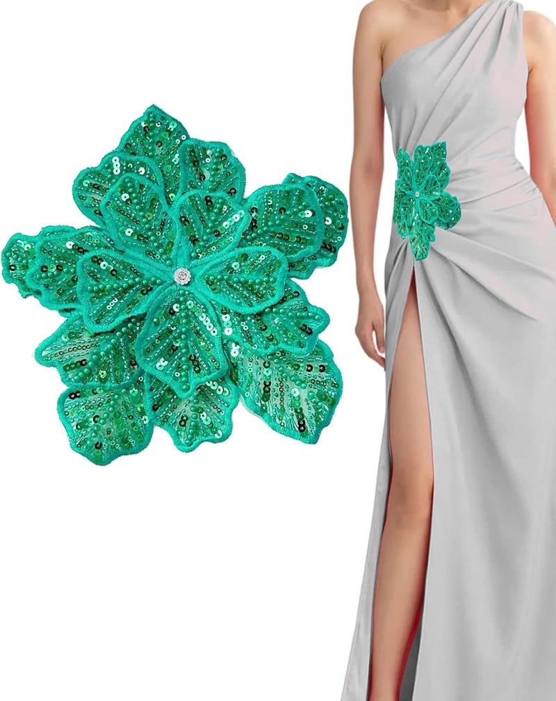 SAIXCCS 1pc Handmade Large Flower Rhinestone Applique for Clothes, Sparkly Sequin Beaded Patches for Wedding Dress, Embroidery Lace Sewing Patches for Bodice Hat Jean Jacket (Bright Green) - Image 1
